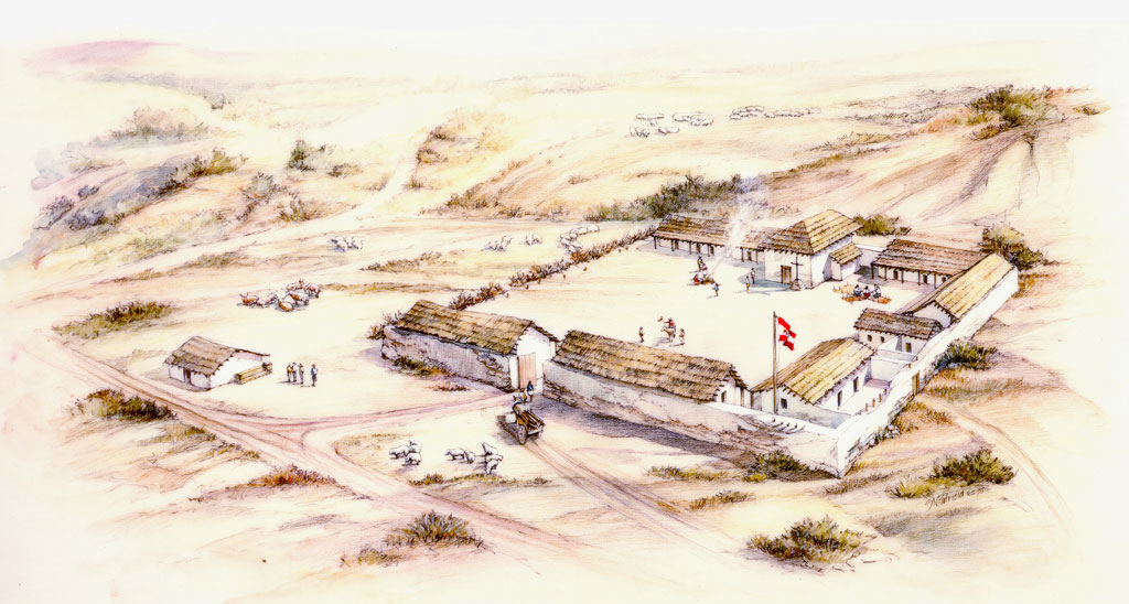 An artist conception of El Presidio in 1792, looking south.