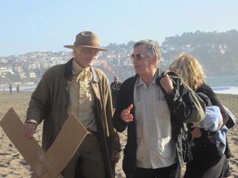 Michael Mikel and Larry Harvey conversing at Baker Beach