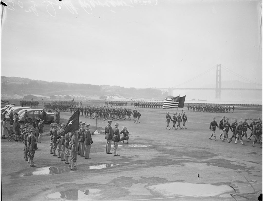Black and white photo of Eisenhower at Crissy Field.