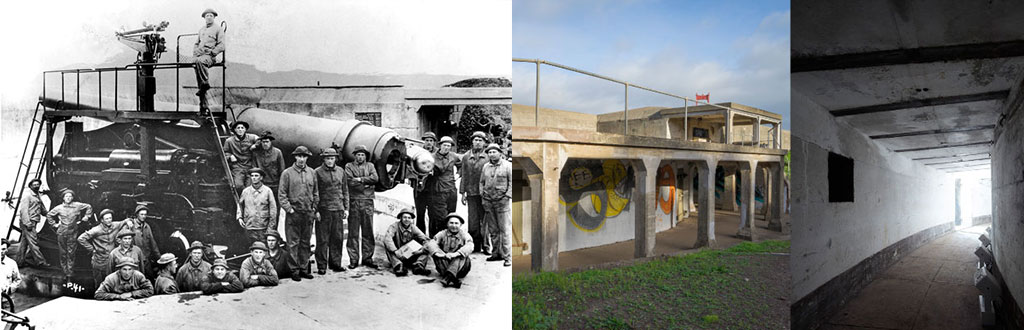 Soldiers posing with canon then on left. Exterior and interior views of Battery Marcus Miller now on the right.