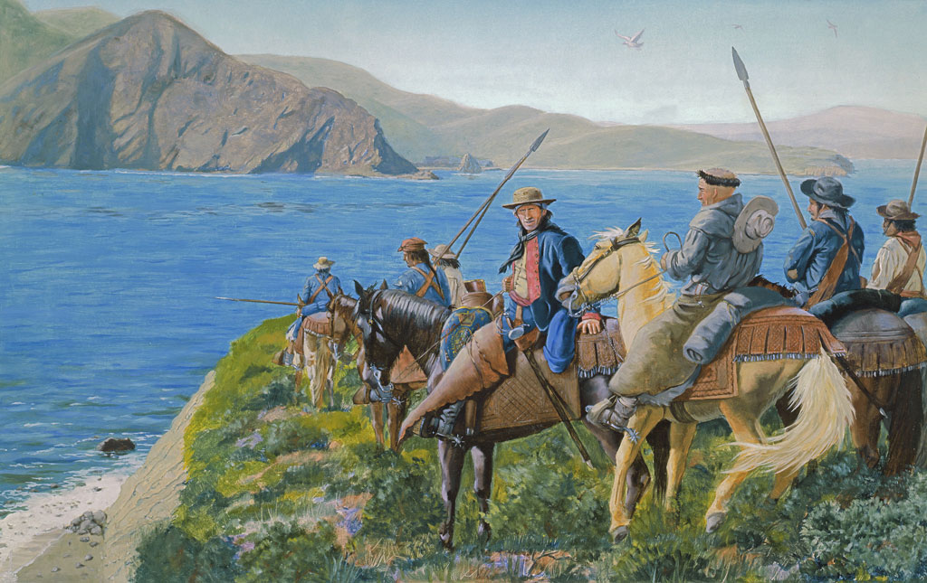 Mural of settlers on horses with spears on cliffside in front of ocean.