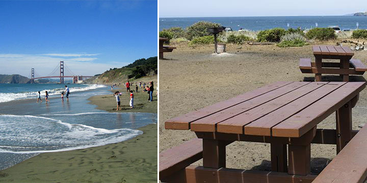 Baker Beach and visitors on left. Picnic tables and grill on right.,