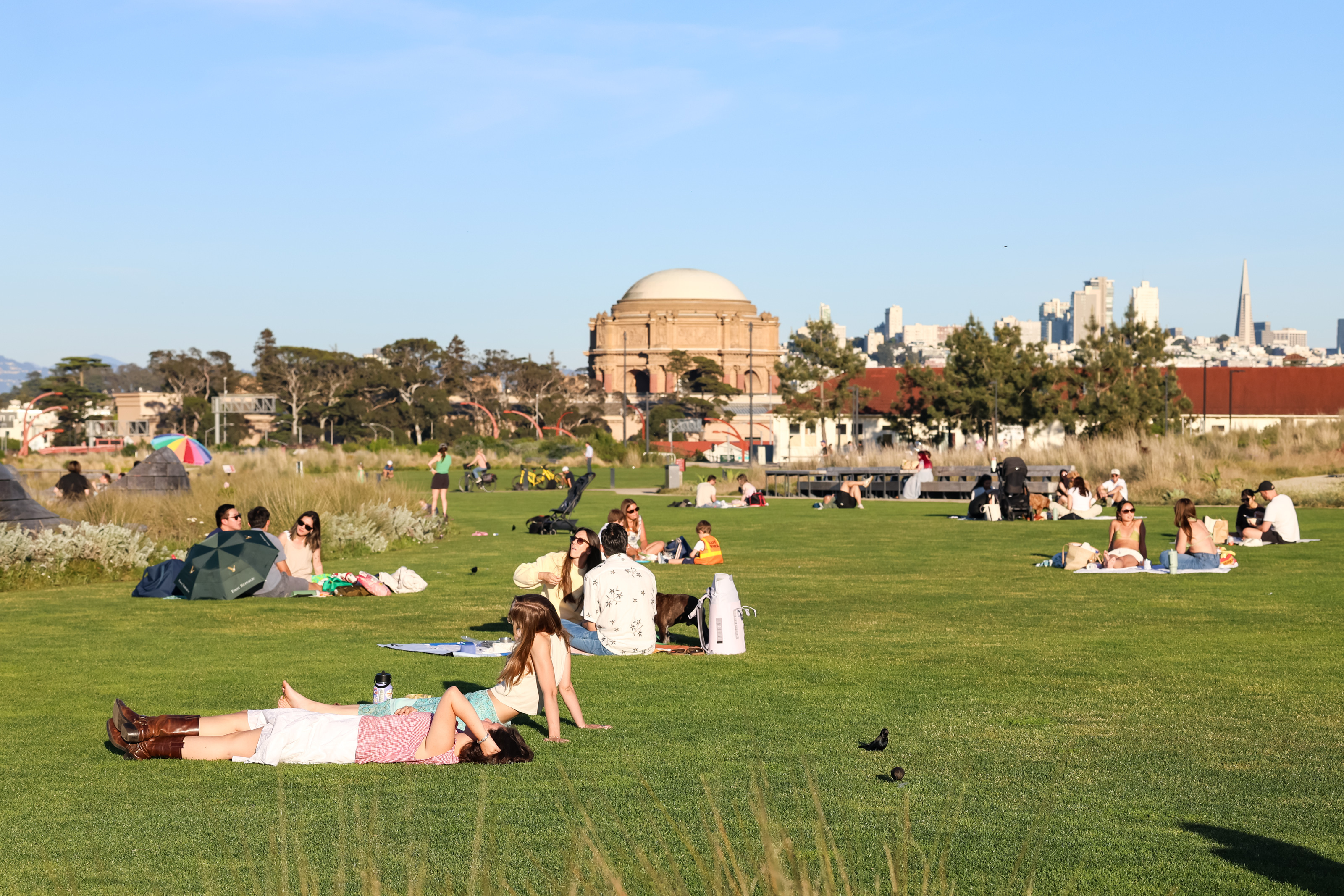groups of people enjoying the sunshine on Presidio Tunnel Tops with the city skyline in the background