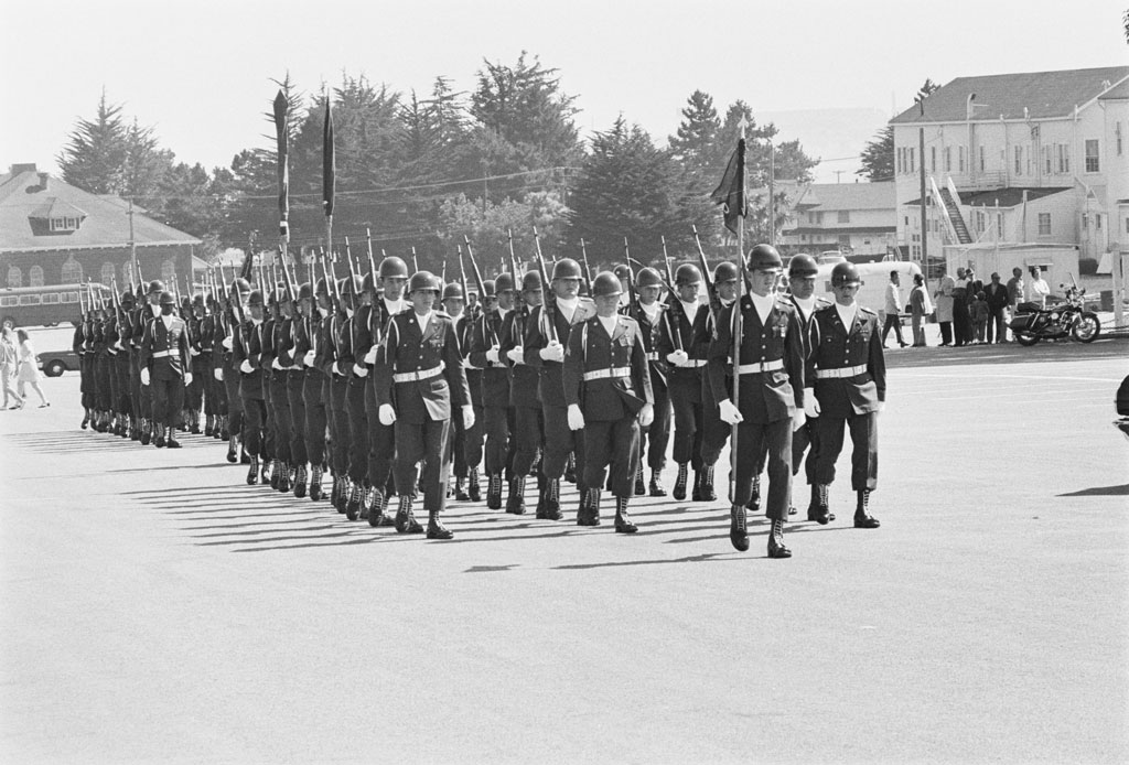 Army military police escort at the head of the San Francisco Mayor’s Memorial Day Parade on the Main Parade Ground in 1968