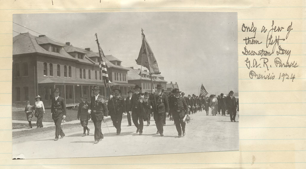Civil War veterans marching down Montgomery Street in the Presidio