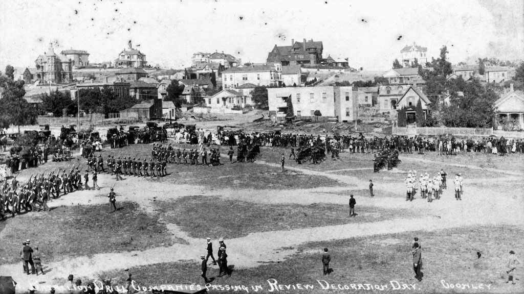 Soldiers doing drills near Odd Fellows’ Cemetery as part of the ceremonies in 1883