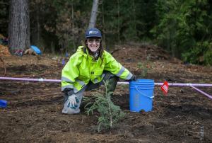 The Presidio’s Marion Anthonisen helps to lead volunteers planting redwood saplings at Thomas Grove on Planting Day 2018.
