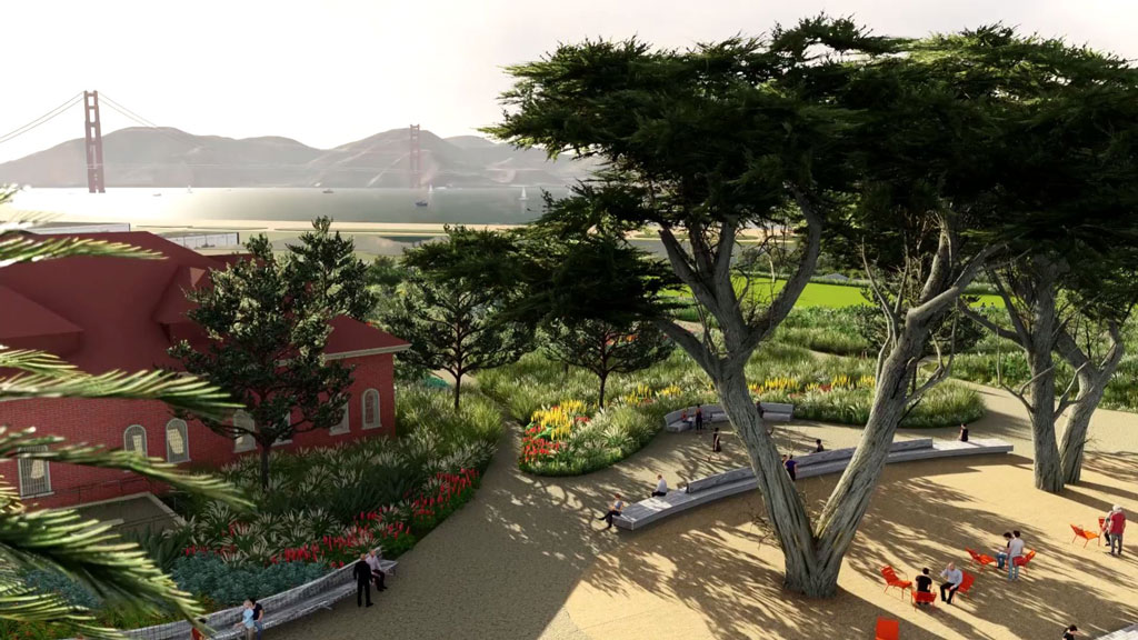 Aerial view of Gateway Plaza next to Presidio Visitor Center rendering