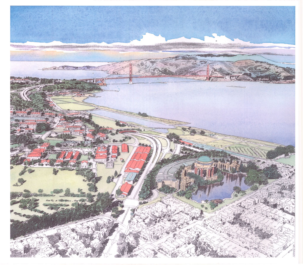 Colored sketch of Presidio and a proposed parkway