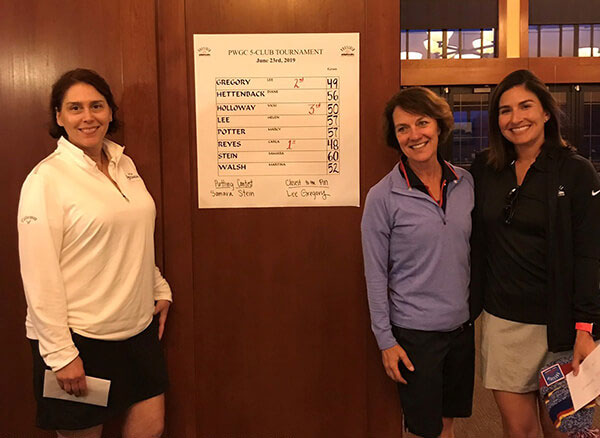 Trio of Women's Golf Club members standing next to Tournament score board
