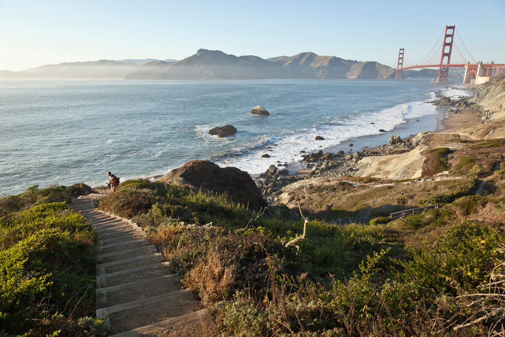 Batteries to Bluffs steps leading down to beach with Golden Gate Bridge view in the background