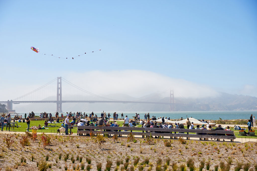 Visitors at Presidio Tunnel Tops and kite flying overhead