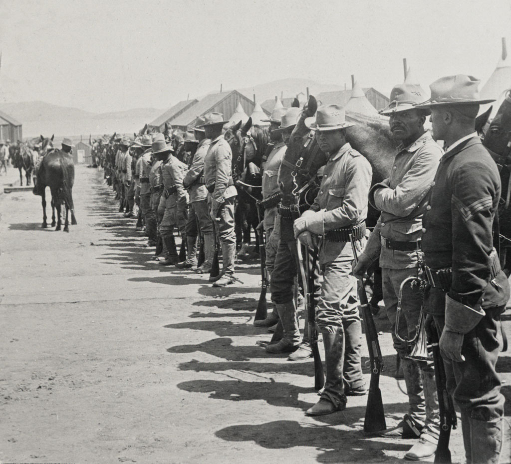 Company H, 9th Cavalry in camp in 1900. This camp was located where the Letterman Digital Arts Center is today. Image courtesy Library of Congress.