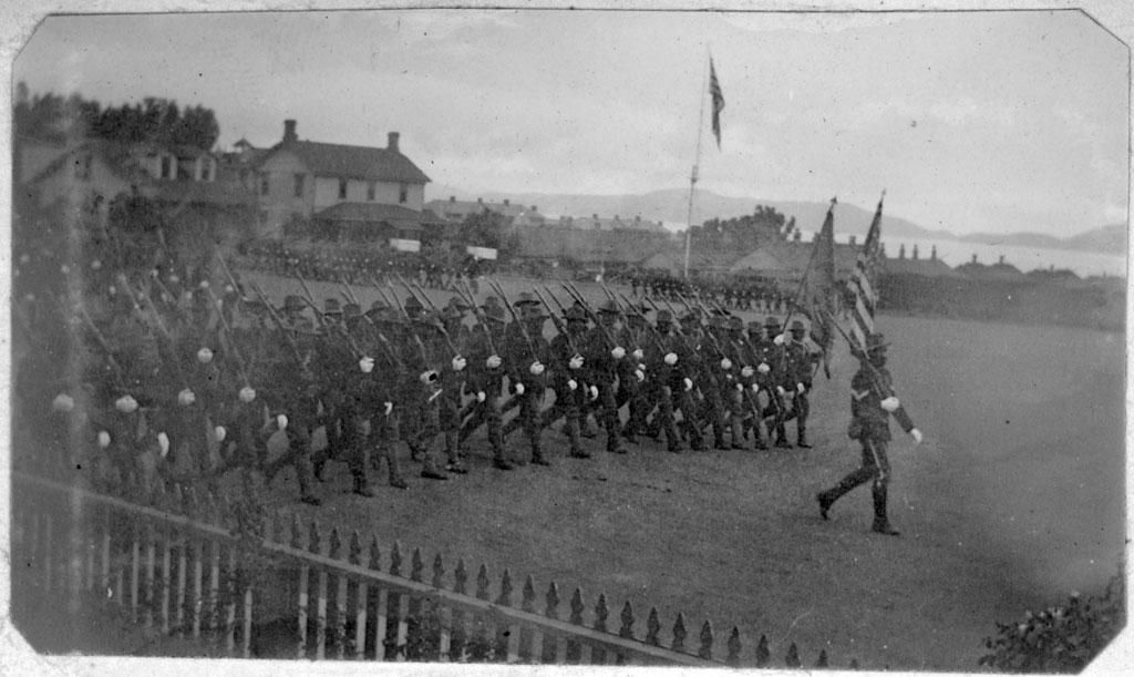 The 24th Infantry in review on the parade ground at the Presidio in 1899. Image courtesy Holt-Atherton Special collections, University of the Pacific Library.