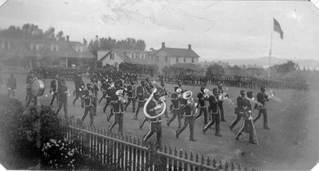 The 24th Infantry Band marching down Moraga Avenue near the Presidio Officer’s Club in 1899. Image courtesy Holt-Atherton Special collections, University of the Pacific Library.