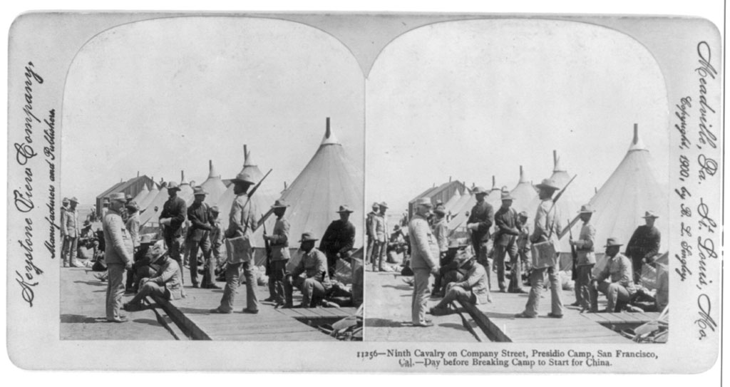 9th Cavalry in camp at the Presidio in the summer of 1900. Before reaching China, they were diverted to the Philippines. Image courtesy Library of Congress.