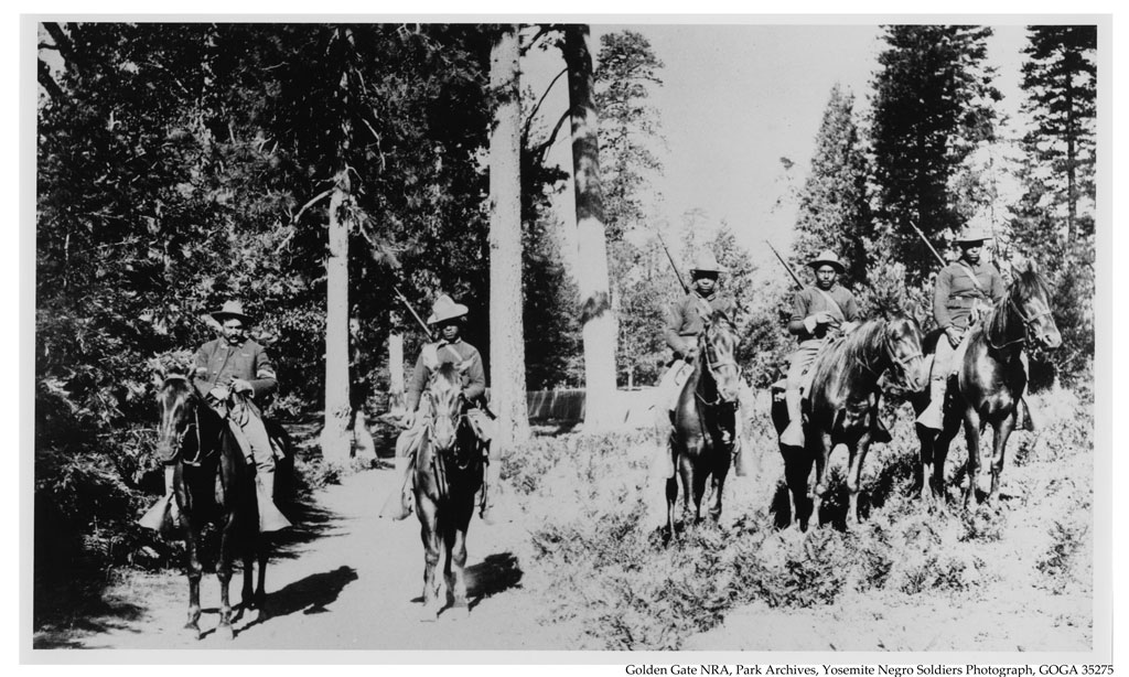 Men of Company H, 24th Infantry in Yosemite National Park in 1899. Image courtesy Golden Gate National Recreation Area (GGNRA), Park Archives, Yosemite Negro Soldiers Photograph, GOGA 35275.