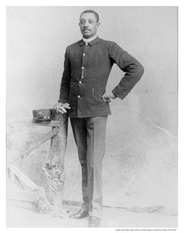 Full-length portrait of Samuel N. Waller. 24th Infantry, Co. C. He served in all four black regiments during his 40 years as a soldier, starting in 1887 to 1927. Courtesy GGNRA Park Archives.