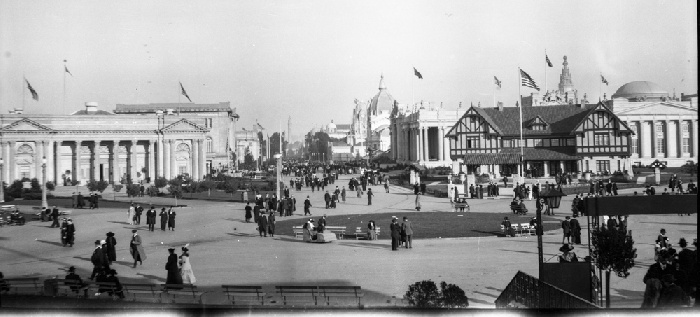 The Panama Pacific International Exposition looking east from near the intersection of Halleck Street and Mason Street. Image courtesy OpenSFHistory.
