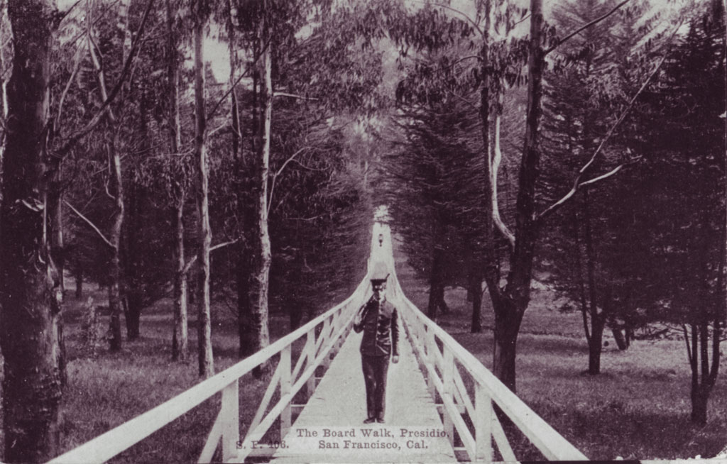 Soldier standing on Lovers' Lane boardwalk