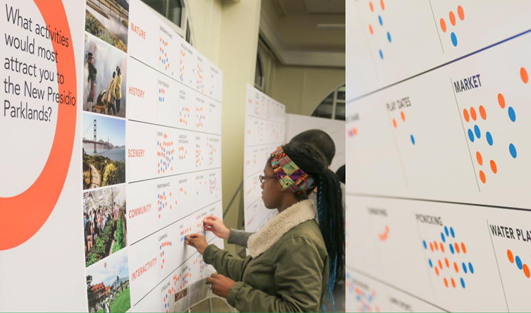 Young woman adding a sticker to comment board for New Presidio Parklands