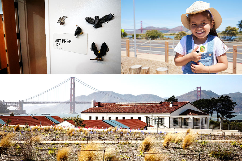 Art prep wall, child with thumbs up, and Crissy Field Center with Golden Gate Bridge in the background