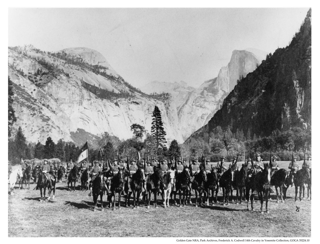 Troops on horses assembled in Yosemite Valley