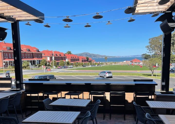 Patio at Presidio Bowl, overlooking San Francisco Bay. Photo by Presidio Bowl.