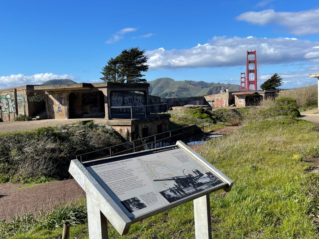 A view of the Golden Gate Bridge and historic gun batteries near Golden Gate Overlook.