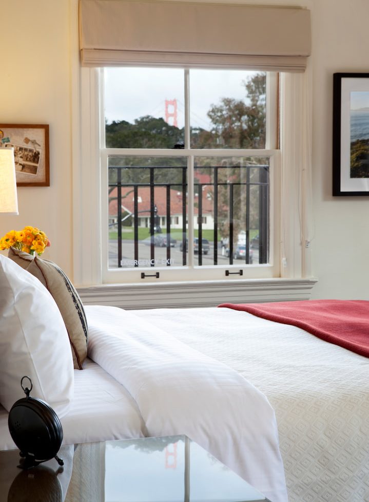Inn at the Presidio suite with a Golden Gate view in the background..