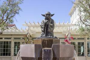 Yoda Fountain in front of the Lucasfilm headquarters at the Letterman Digital Arts Center in the Presidio of San Francisco.