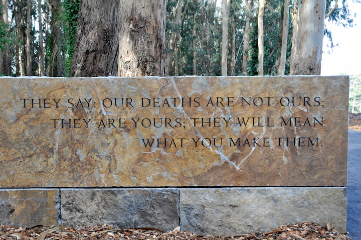 A stone wall with etched with a quote from The Young Dead Soldiers poem.