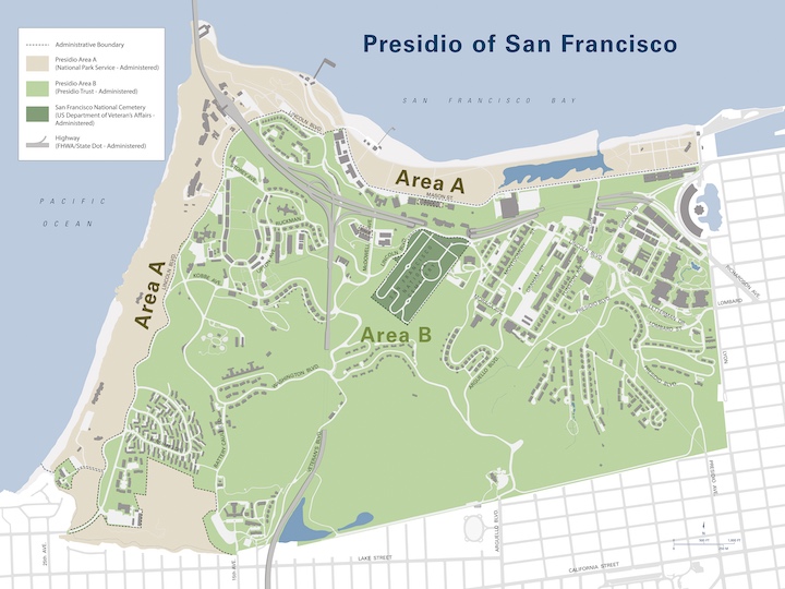 Presidio A/B map that shows that the Presidio Trust manages Area B interior lands and the National Park Service manages Area A coastal lands.