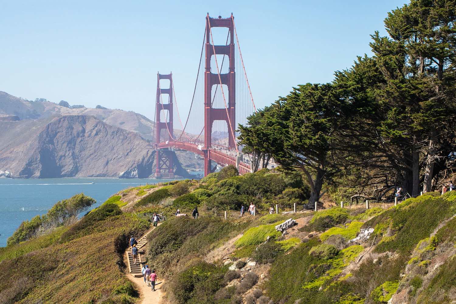 A distant shot of people walking along the Batteries to Bluffs trail with the Golden Gate Bridge in the background on a sunny day. Photo by Myleen Hollero.
