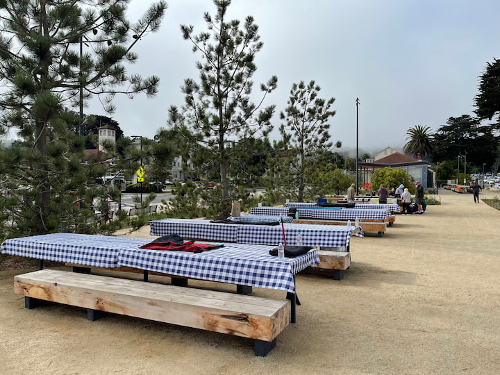 icnic tables with companion seating, covered by a blue checkered table cloth.