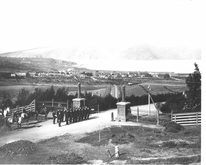 Trees planted at the Presidio Gate, as seen in the 1890s. Photo courtesy of the Society of California Pioneers.