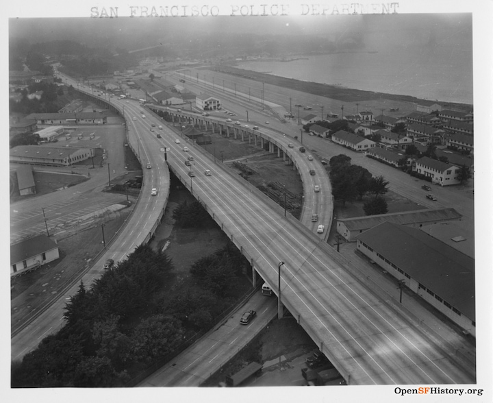A black and white image of the Doyle Drive highway in the Presidio, circa 1960.