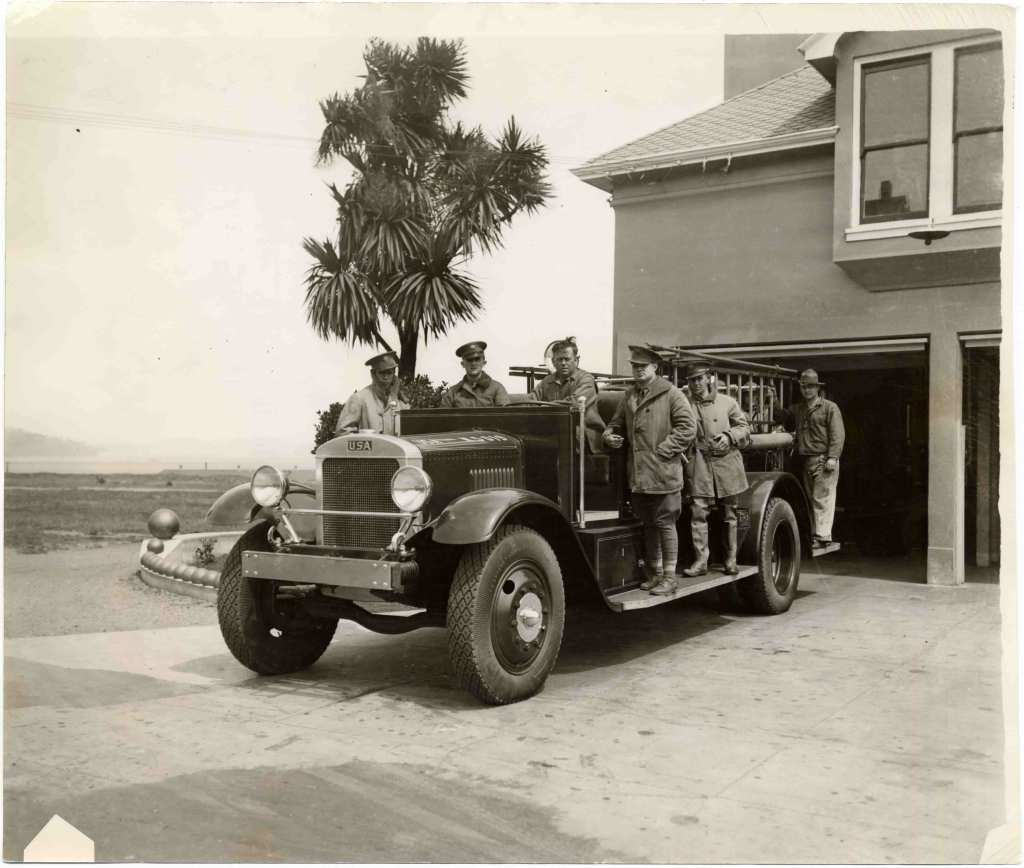 Presidio Fire Department under Sergeant W. M. Williams and their spiffy fire engine out in front of the fire station in 1933.