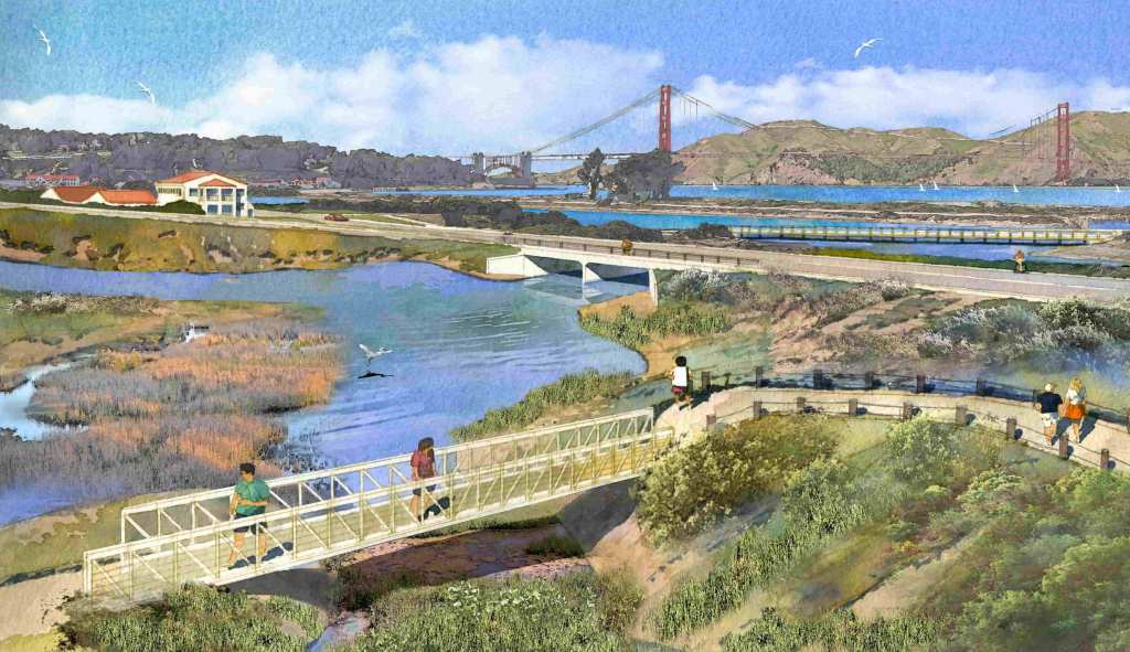 Colorful rendering of Quartermaster Reach Marsh with walking bridge in the foreground and Golden Gate Bridge in the background.