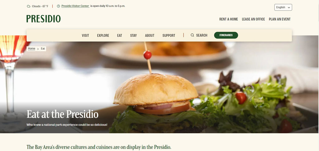 Screenshot of Eat at the Presidio page