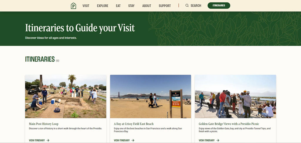 Screenshot of Itineraries to Guide your Visit page