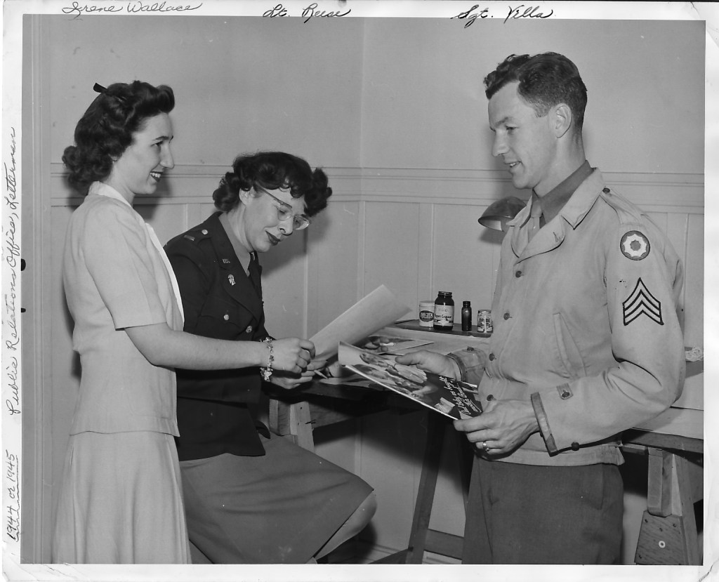 Black and white photo donated by Irene Wallace. She is figure on left. Middle figure is 1st. Lt. Elizabeth E. Reese, WAC, who was Letterman Public Relations Officer, and figure on right is Lewin S. Villa, Sergeant, Med. Dept.