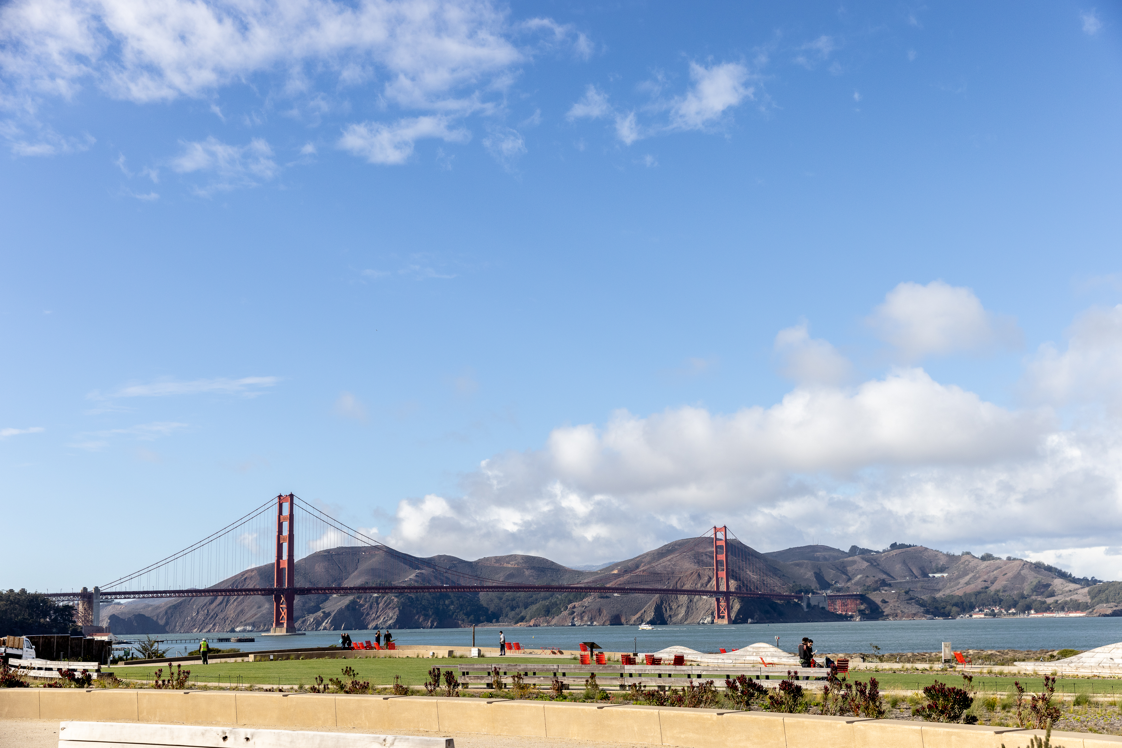wide shot of Golden Gate Bridge with Tunnel Tops in the foreground.
