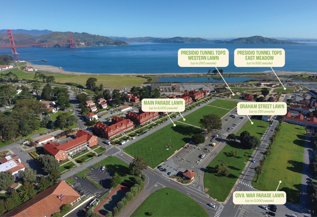 Image showing the location of five lawns available for rent in the Presidio.