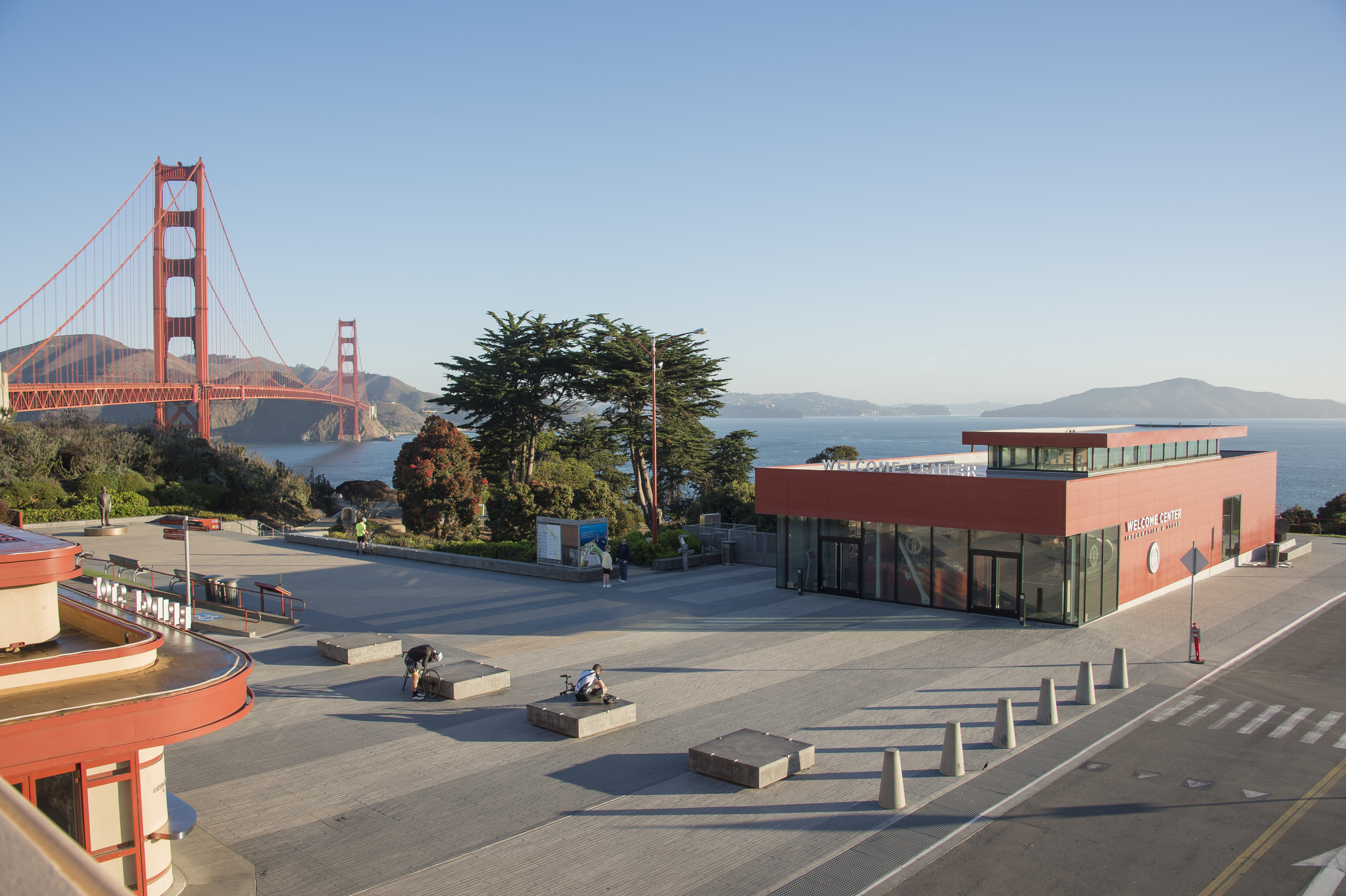 Aerial shot of the Golden Gate Bridge Welcome Center and the Golden Gate Bridge.