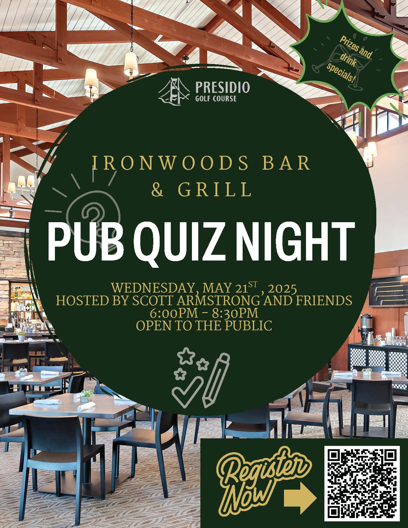 Presidio Golf Course Pub Quiz Flyer for May
