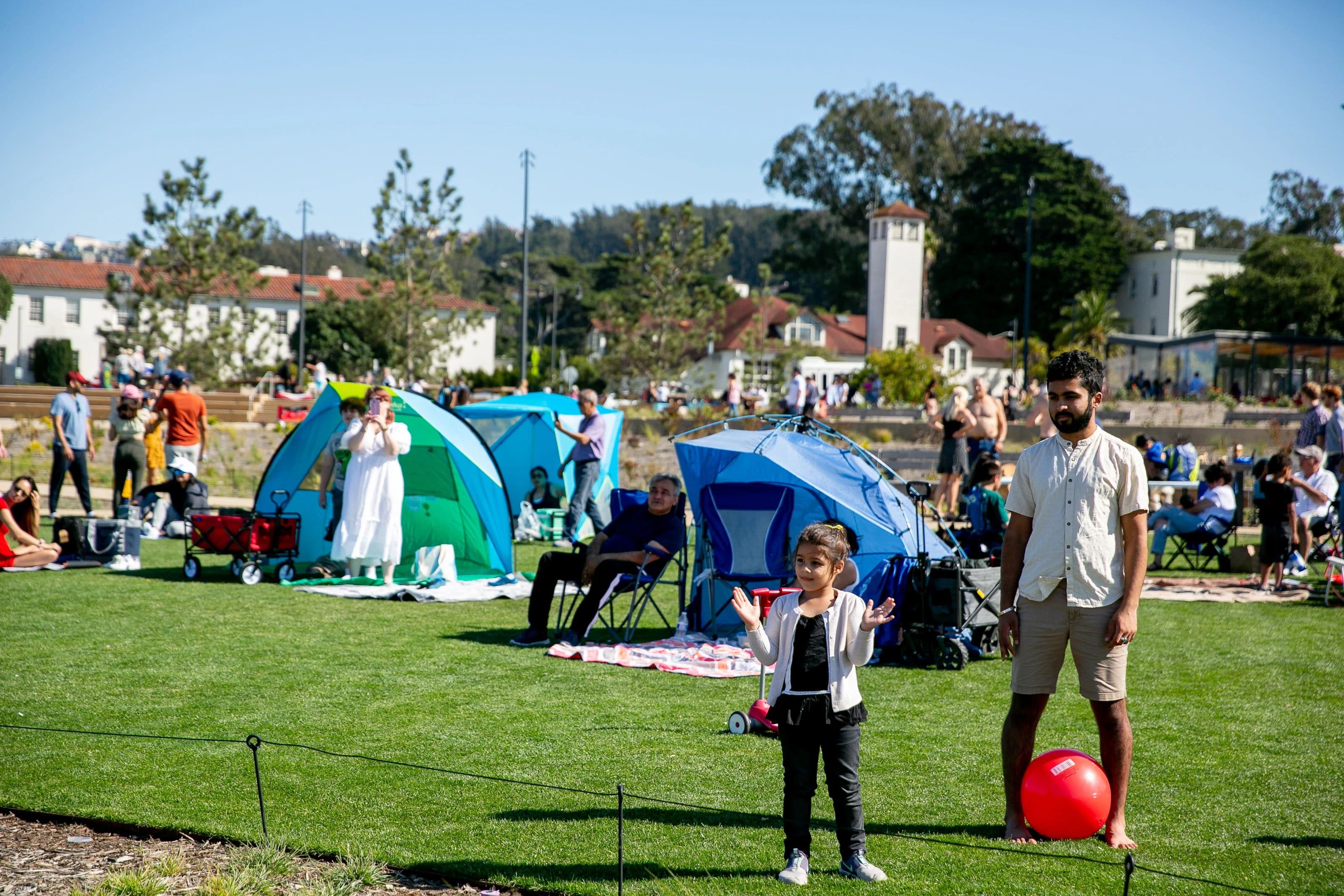 families using tents at the Presidio Tunnel Tops