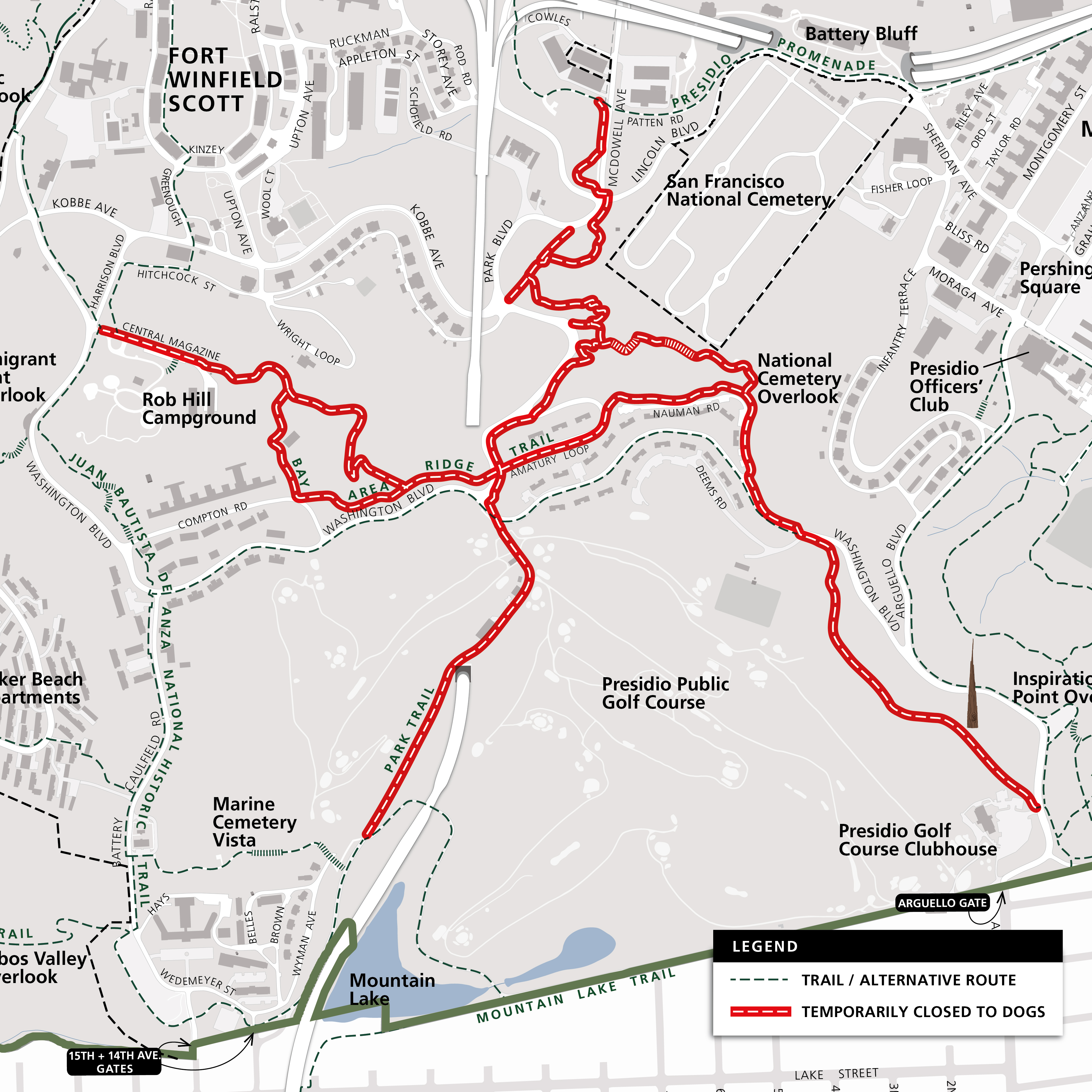Map of portions of trails where dogs are prohibited.