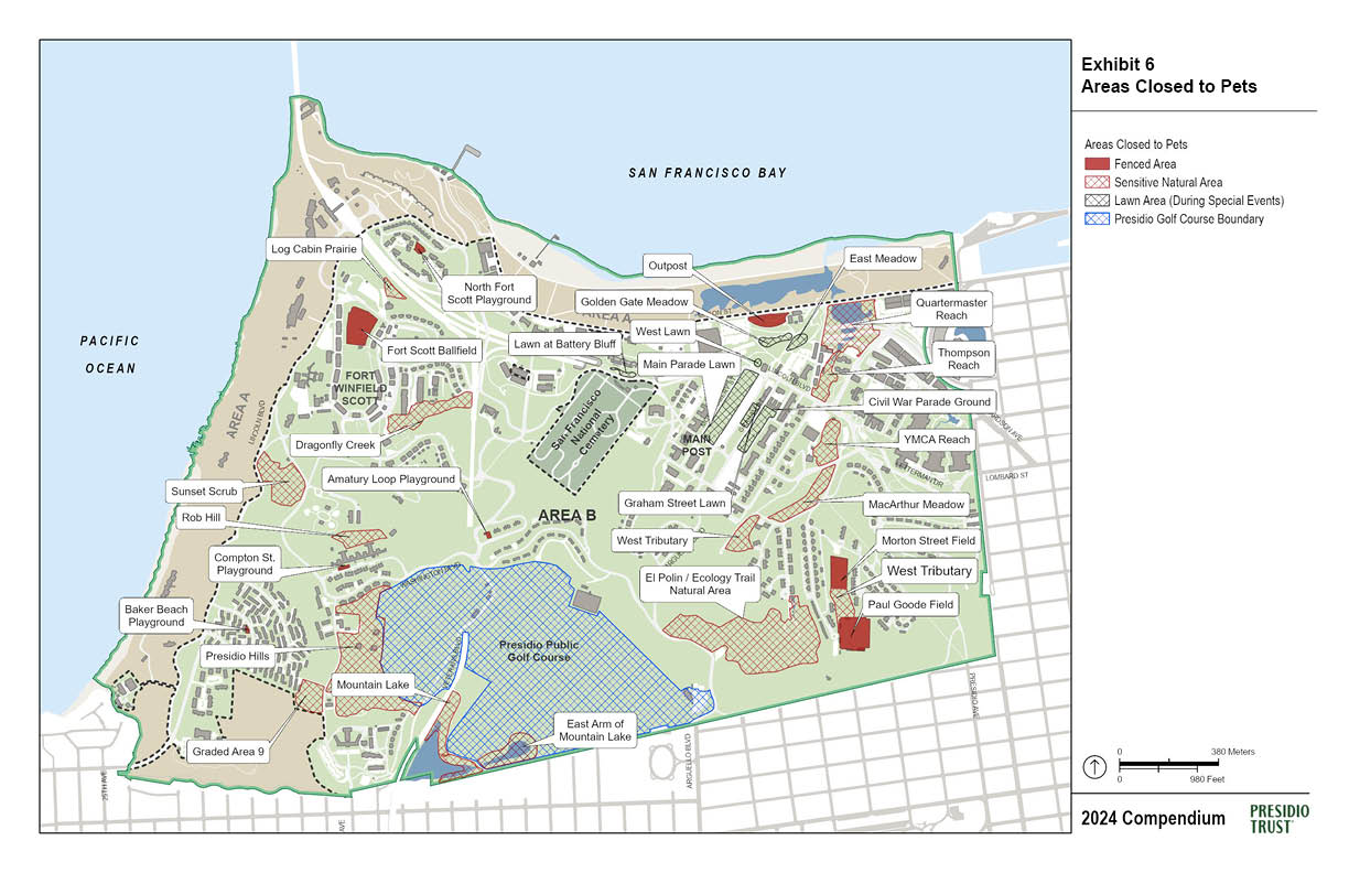 Map indicating areas closed to dogs in the Presidio, per the Presidio Trust Compendium.