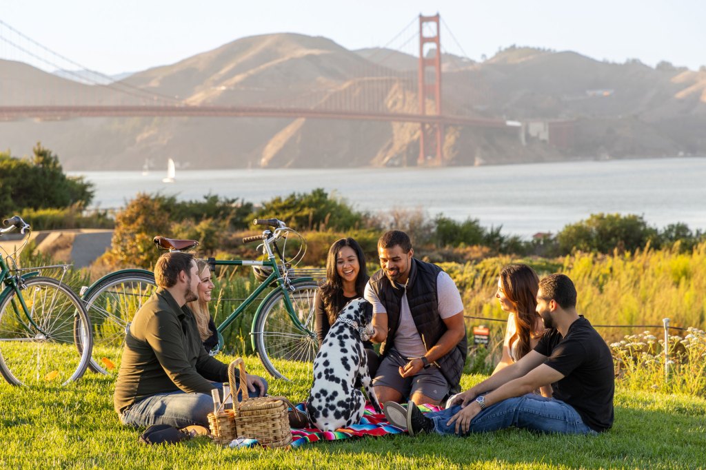 Group and dog picnicking on the Presidio Tunnel Tops lawn